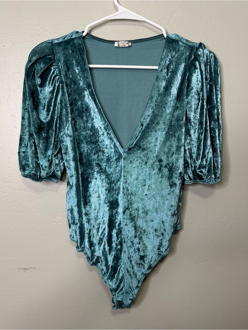 Free People Intimately Deep Teal Crushed Velvet Puff Sleeve Bodysuit OB1585145